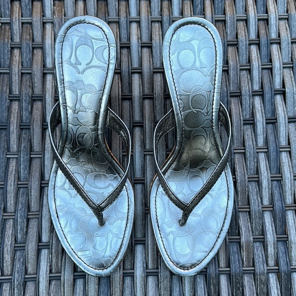 Coach Lannie Metallic Calf Leather Cork Wedge Sandals - Pewter - Picture 7 of 14